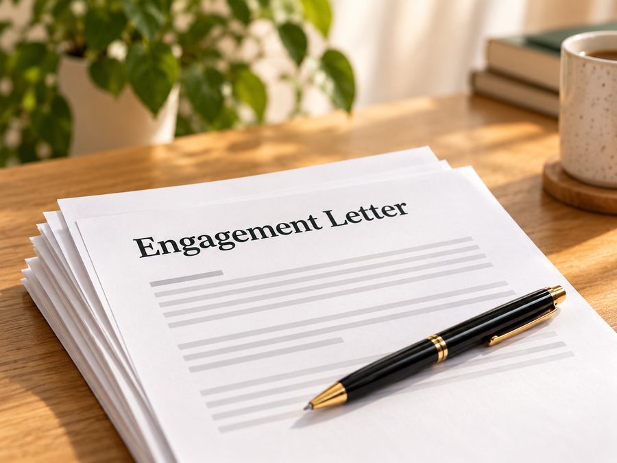 A stack of engagement letters with a pen on a desk