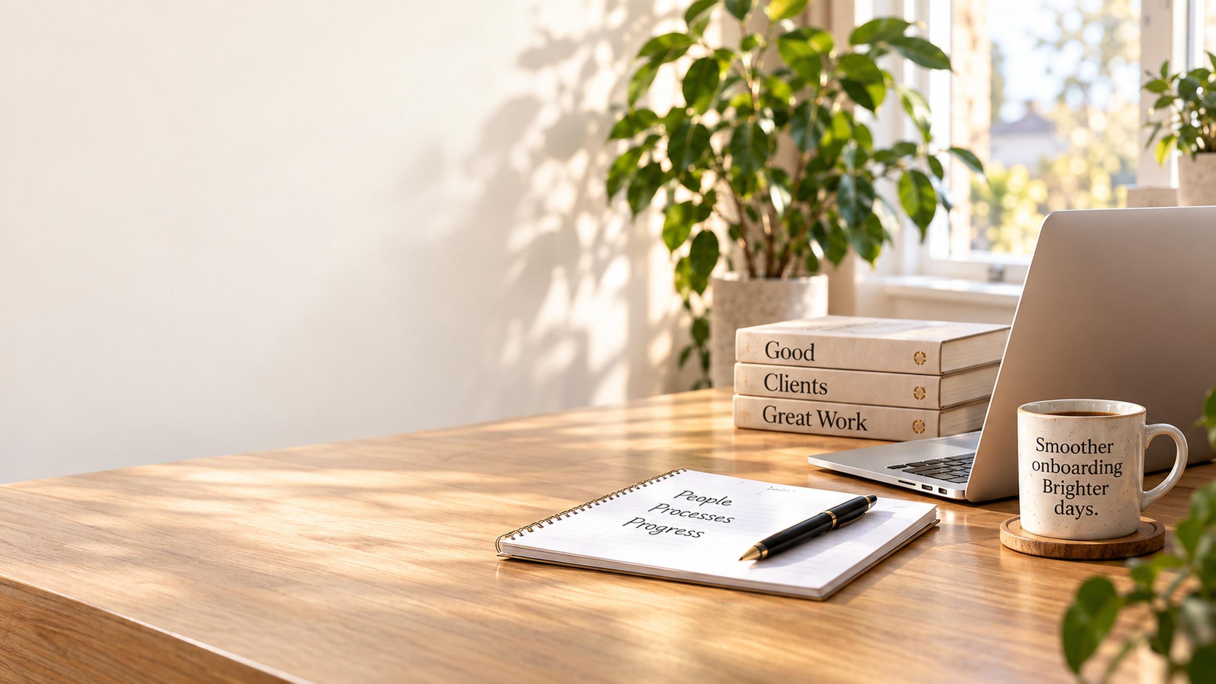 An office desk with a laptop, books reading Good Clients Great Work, and a mug reading Smoother onboarding, brighter days