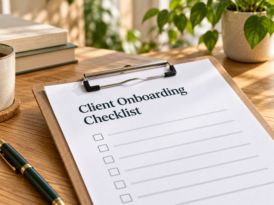 A clipboard holding a client onboarding checklist