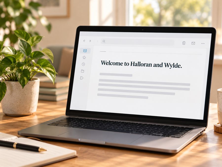 A laptop showing a welcome email from Halloran and Wylde