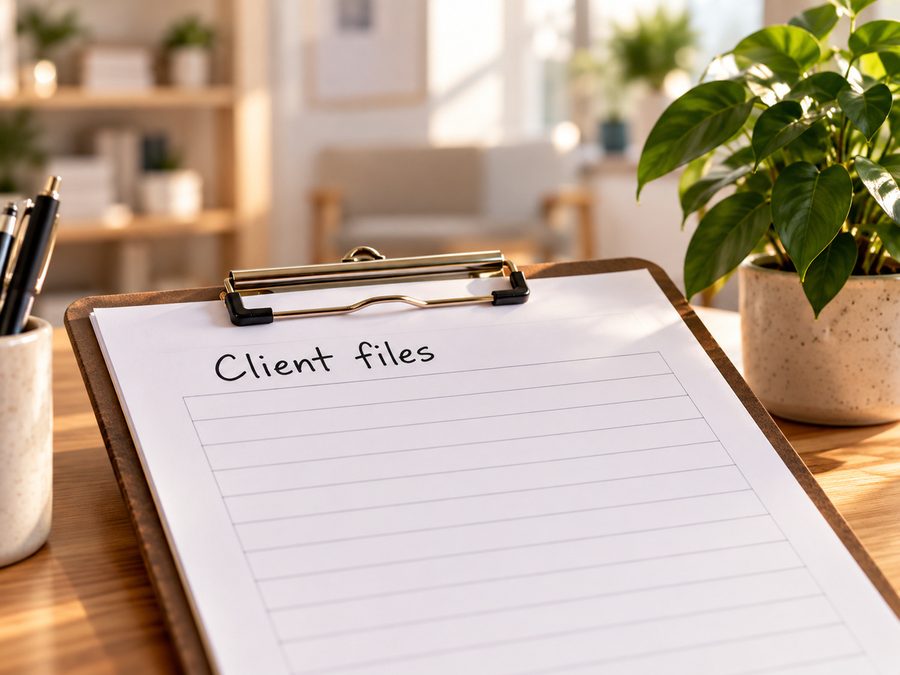 A clipboard with a form headed Client files