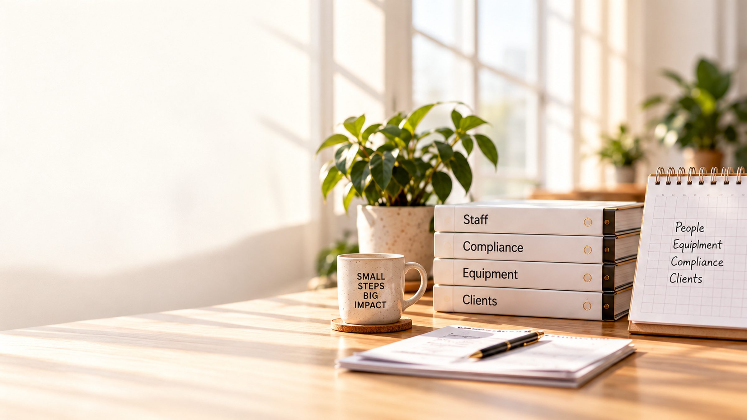 A sunlit practice desk with a mug reading Small steps big impact, binders labelled Staff, Compliance, Equipment and Clients, and a notebook listing the same four