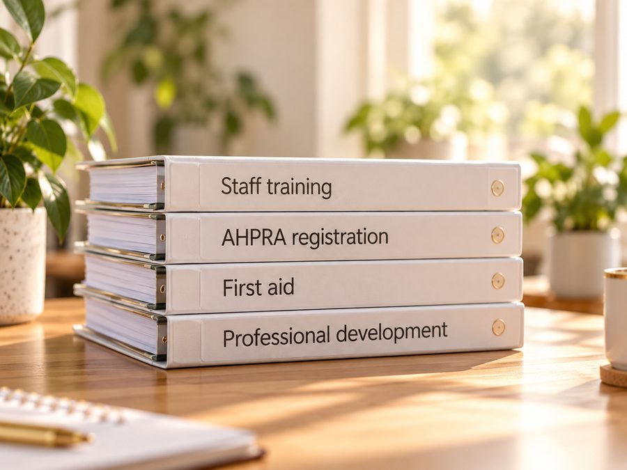 Binders labelled Staff training, AHPRA registration, First aid and Professional development