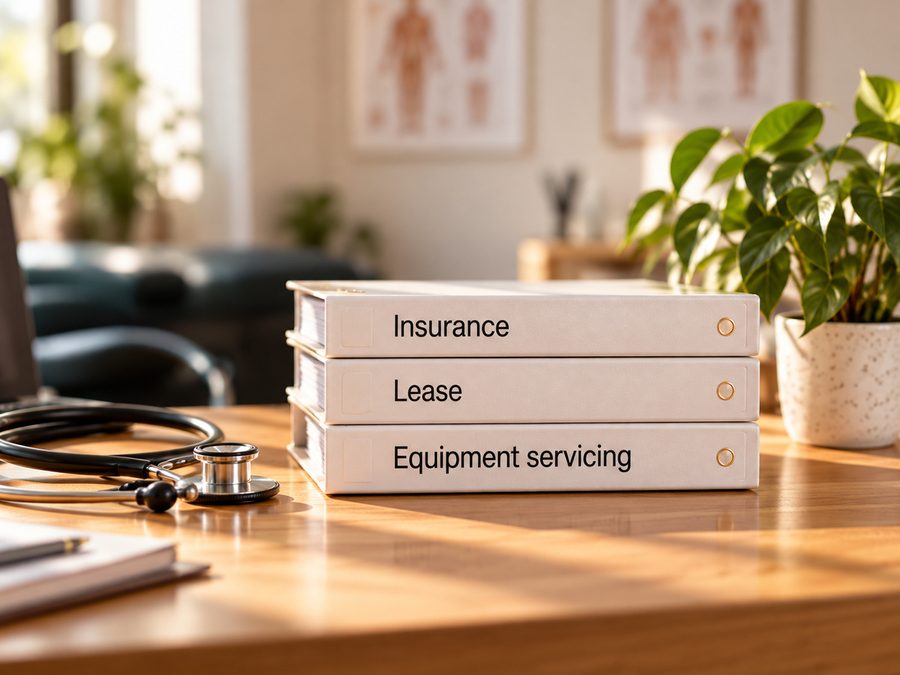 A stethoscope beside binders labelled Insurance, Lease and Equipment servicing