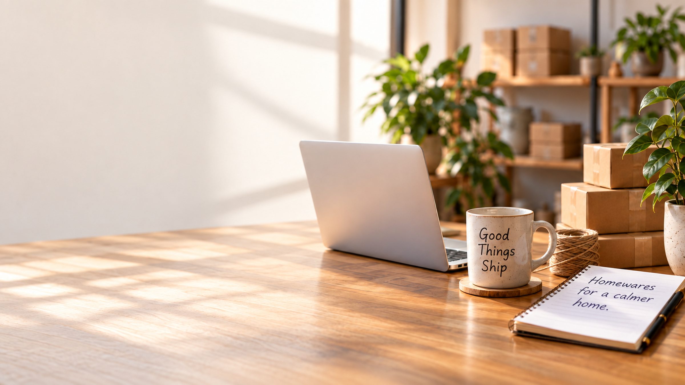 A store office desk with a laptop, plain parcels, a mug reading Good things ship and a notebook reading Homewares for a calmer home