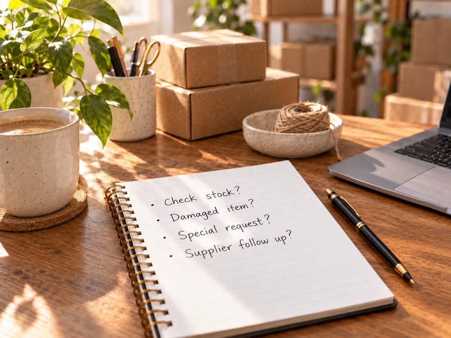 A notebook listing check stock, damaged item, special request and supplier follow up