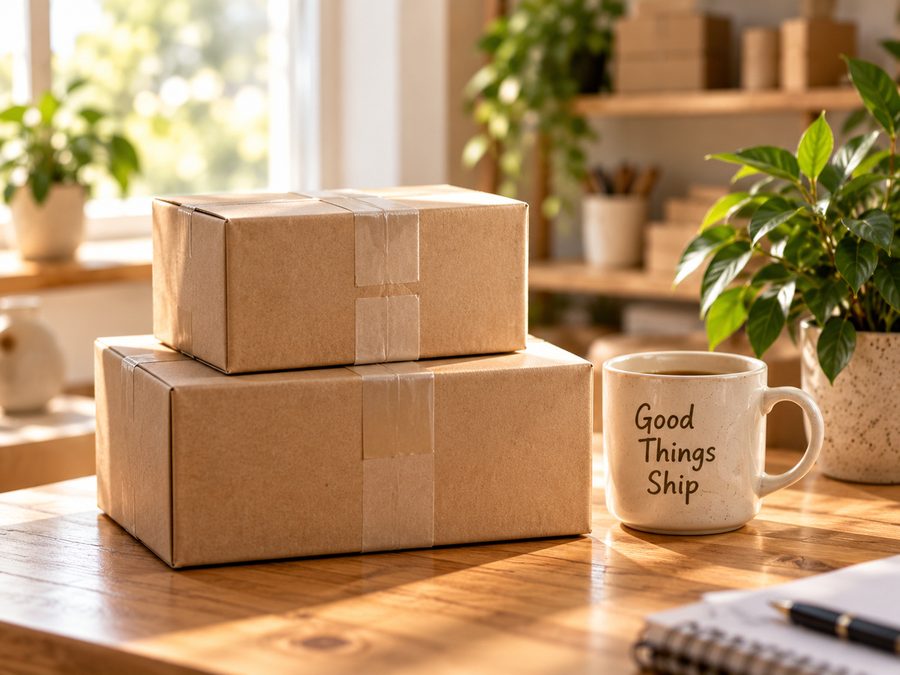 Plain parcels beside a mug reading Good things ship