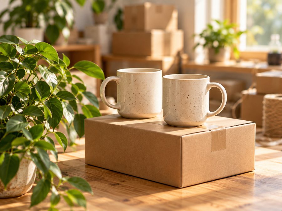 Two cream ceramic mugs on a cardboard box