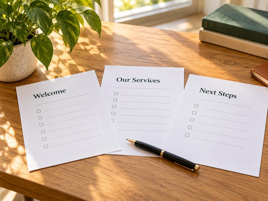 Three documents headed Welcome, Our Services and Next Steps on a desk