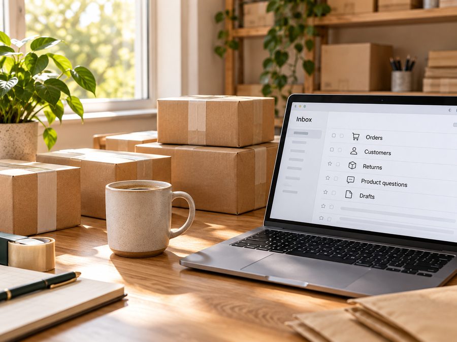 Plain parcels beside a laptop showing an inbox with orders, returns and product questions