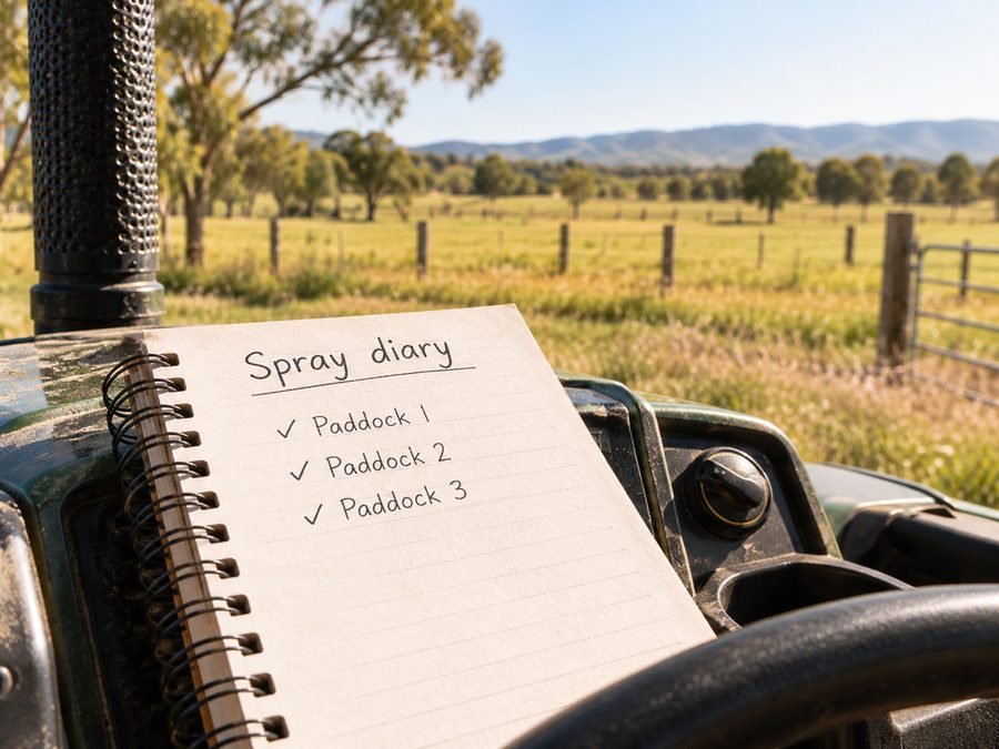 A notebook headed Spray diary with three paddocks ticked, on a tractor dashboard above a paddock