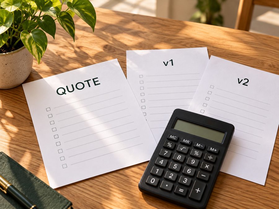 Quote sheets labelled Quote, v1 and v2 beside a calculator