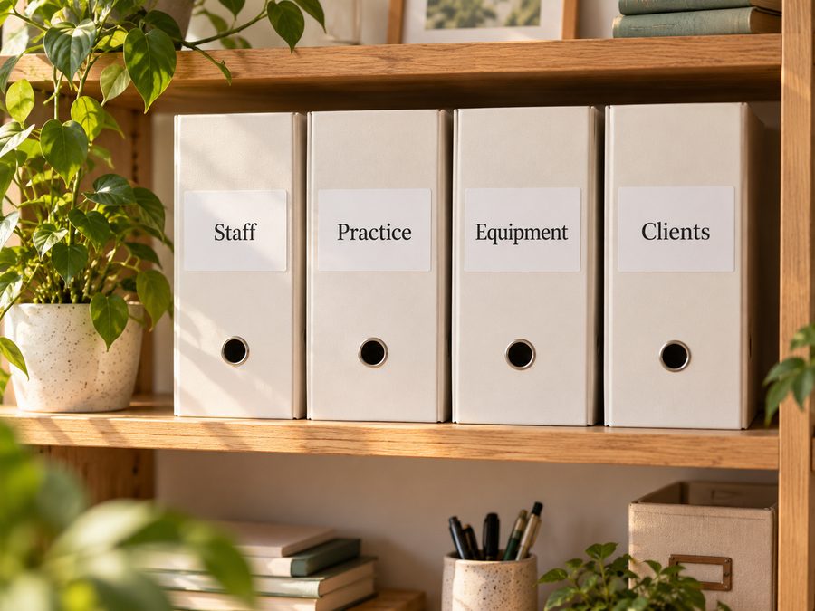 Four files on a shelf labelled Staff, Practice, Equipment and Clients