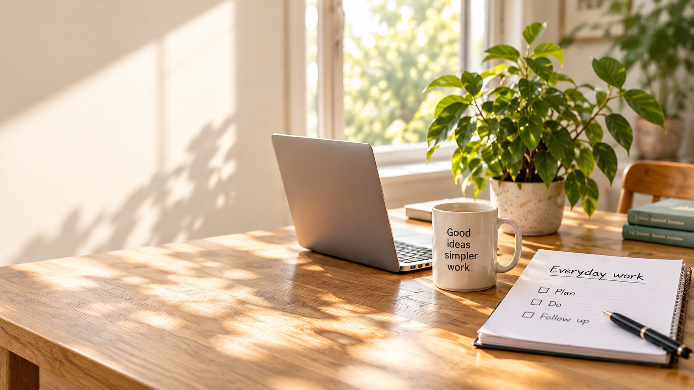 A sunny desk with a laptop, a mug reading Good ideas simpler work and a notebook headed Everyday work