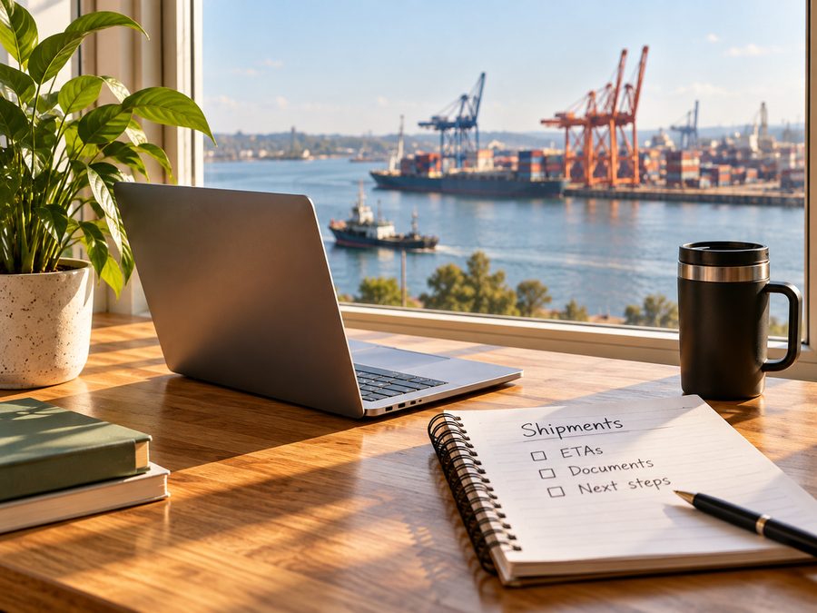A desk with a laptop and a Shipments notebook, looking out on a container port