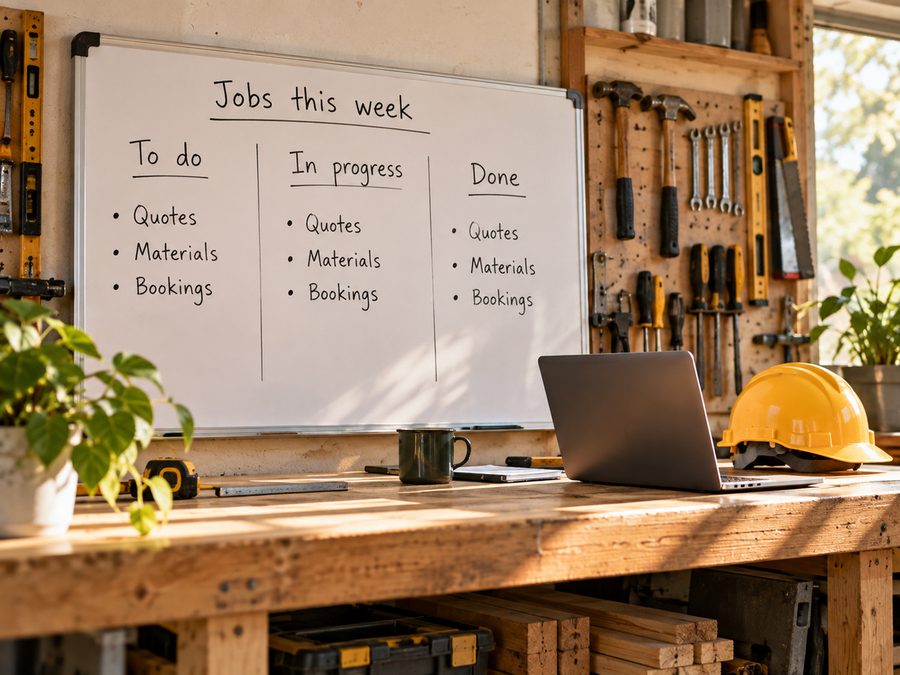 A workshop whiteboard headed Jobs this week with To do, In progress and Done columns