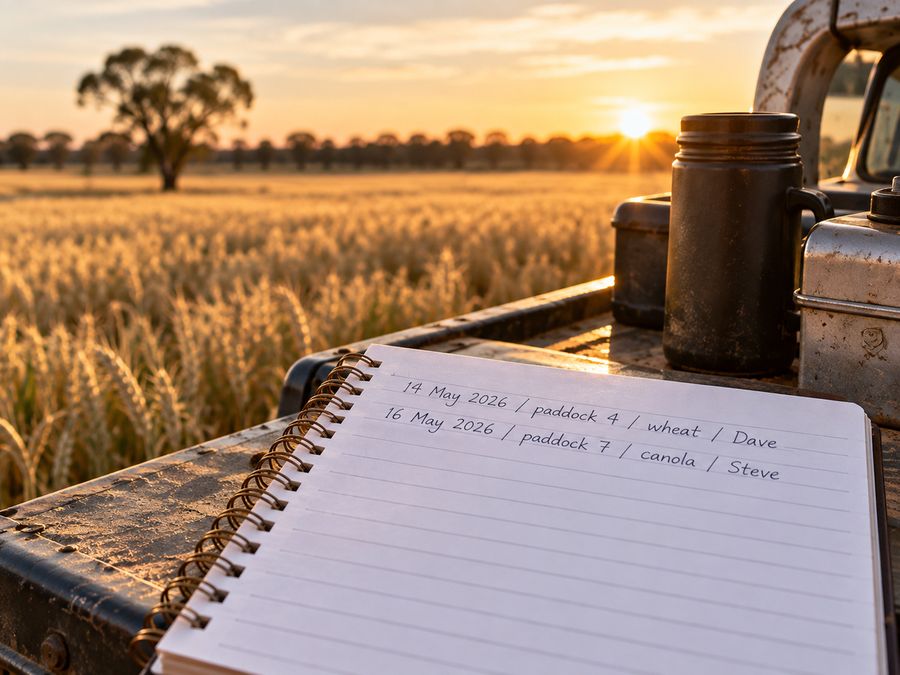 A spray diary open on a ute tray beside a wheat field