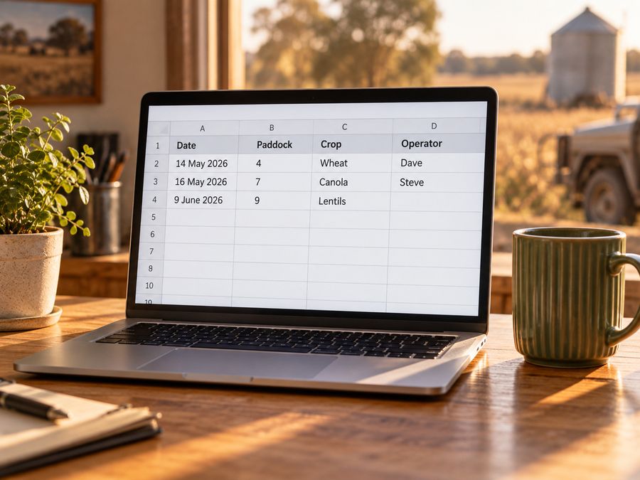 A laptop showing a farm register spreadsheet on an office desk