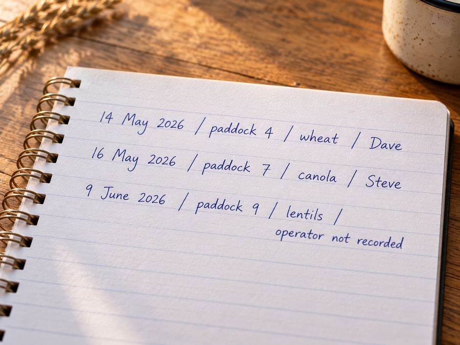 Handwritten spray diary: 14 May 2026, paddock 4, wheat, Dave. 16 May 2026, paddock 7, canola, Steve. 9 June 2026, paddock 9, lentils, operator not recorded.