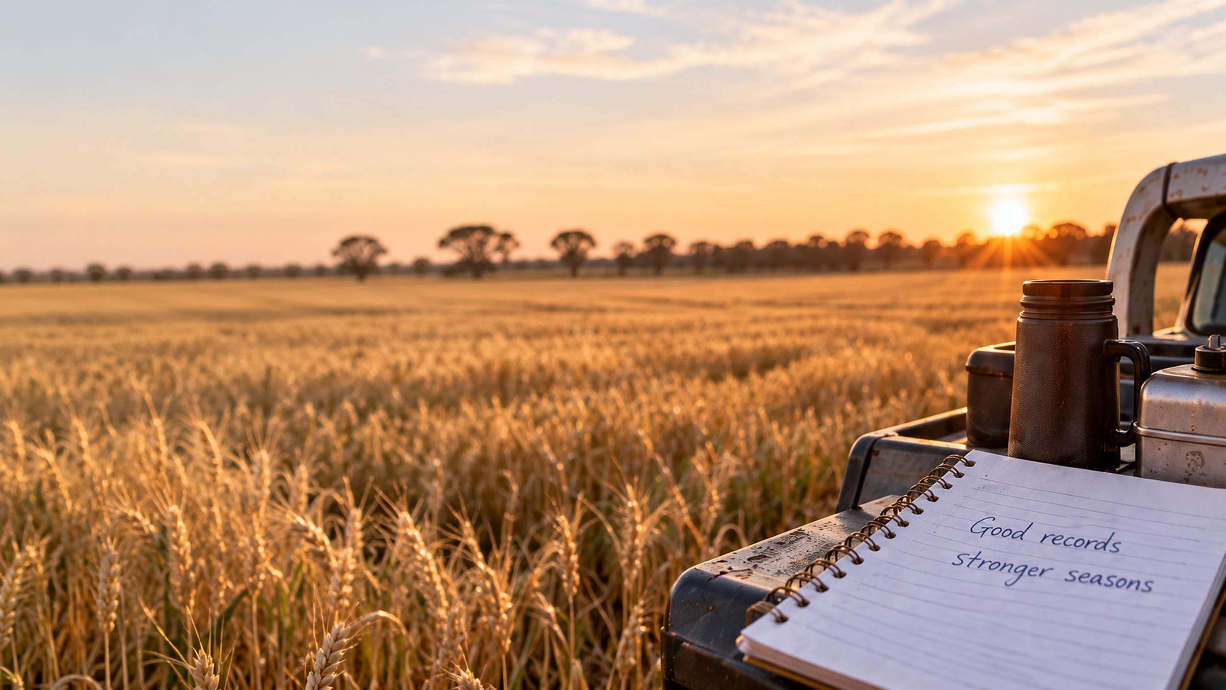 A wheat field at sunset, with a notebook reading Good records, stronger seasons on a ute tray