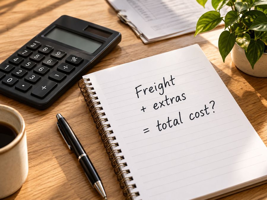 Calculator beside a notebook reading Freight plus extras equals total cost