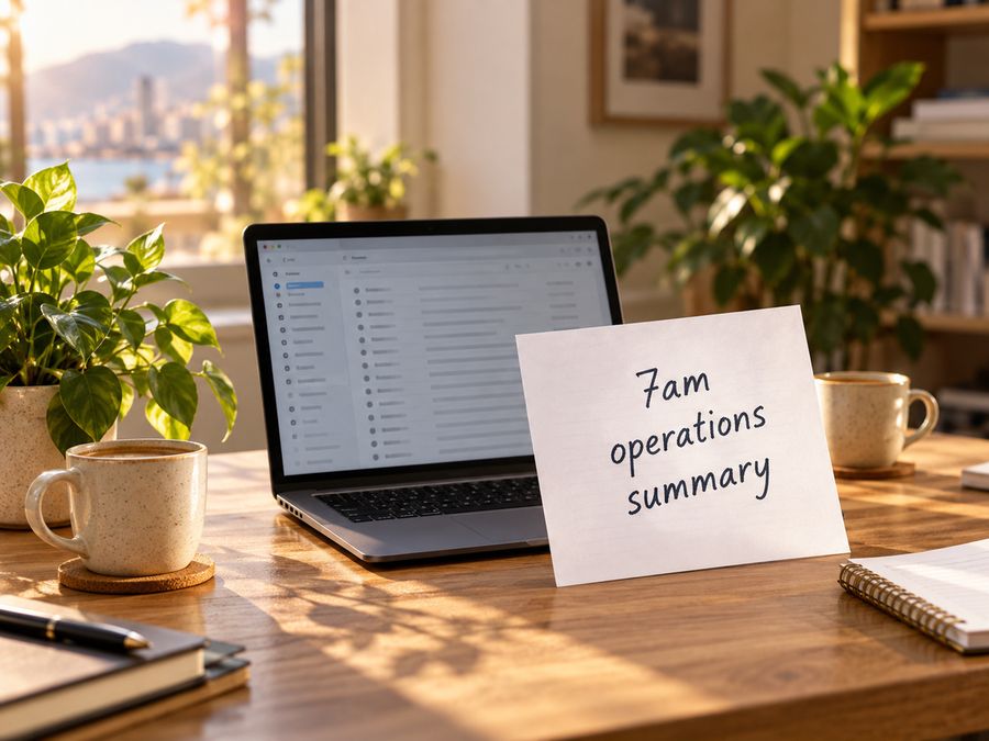 Laptop on a desk with a note reading 7am operations summary