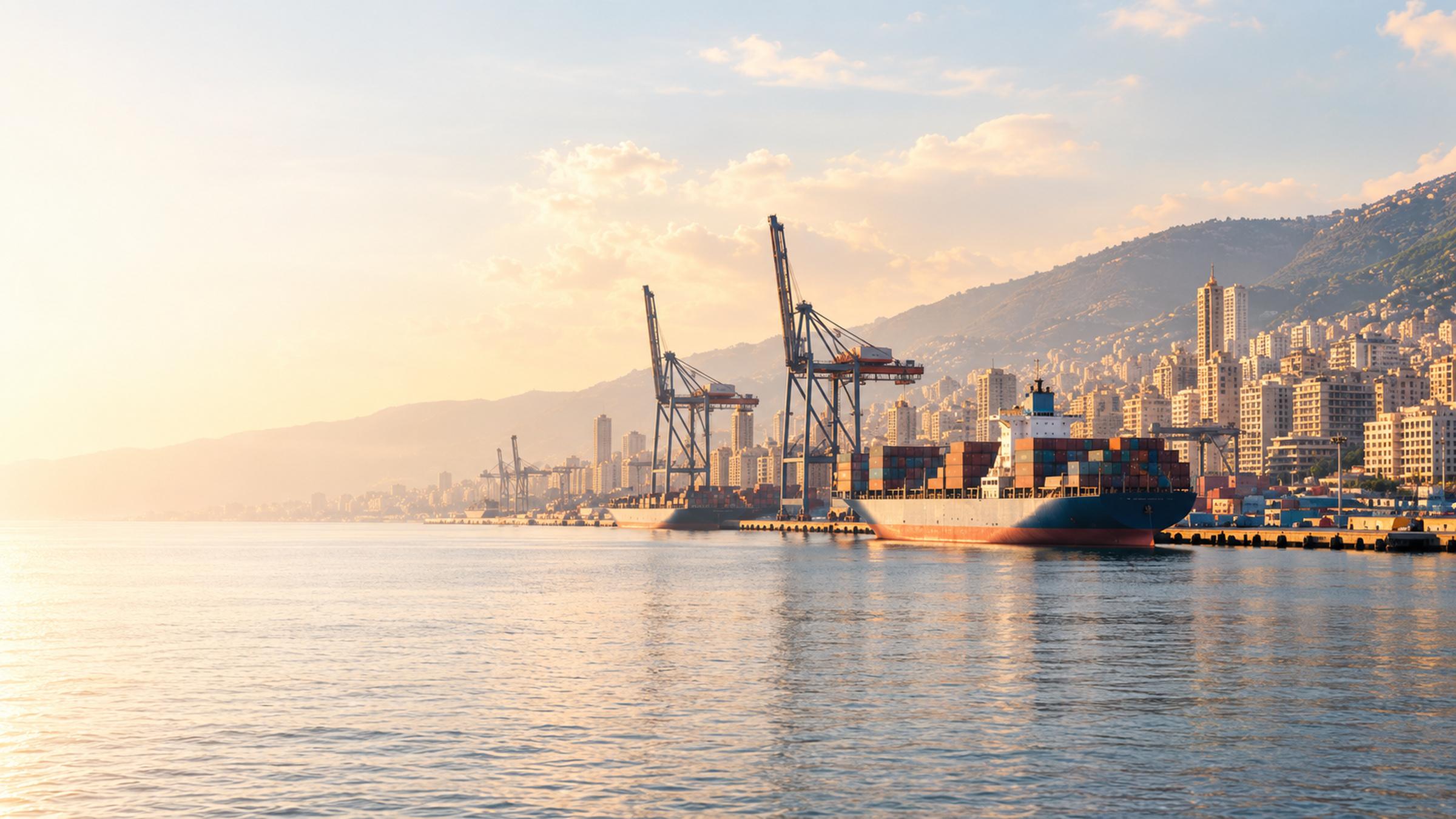Container ship and cranes at a harbour below a hillside city, at sunrise