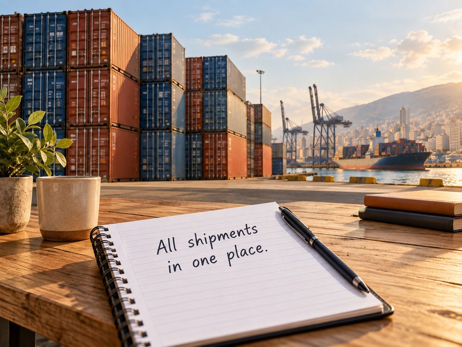 Notebook reading All shipments in one place, on a desk in front of stacked containers