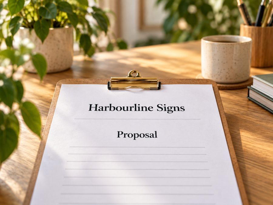 A clipboard holding a Harbourline Signs proposal
