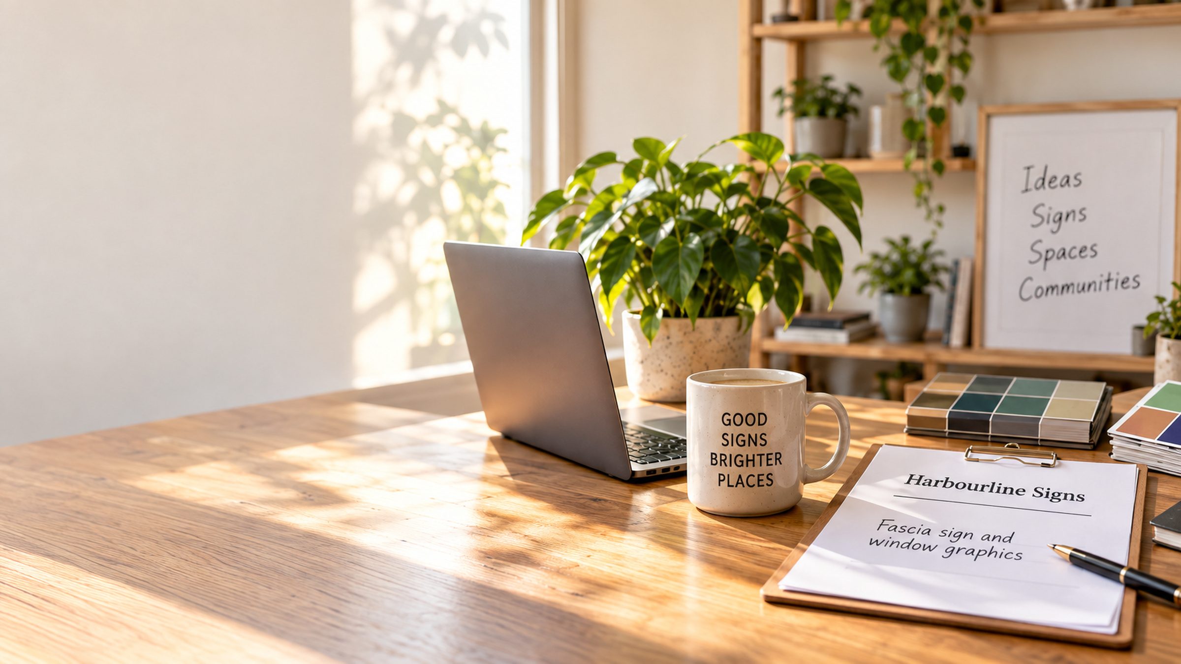 A sign studio desk with a laptop, colour samples, a mug reading Good signs brighter places and a clipboard for a fascia sign and window graphics job