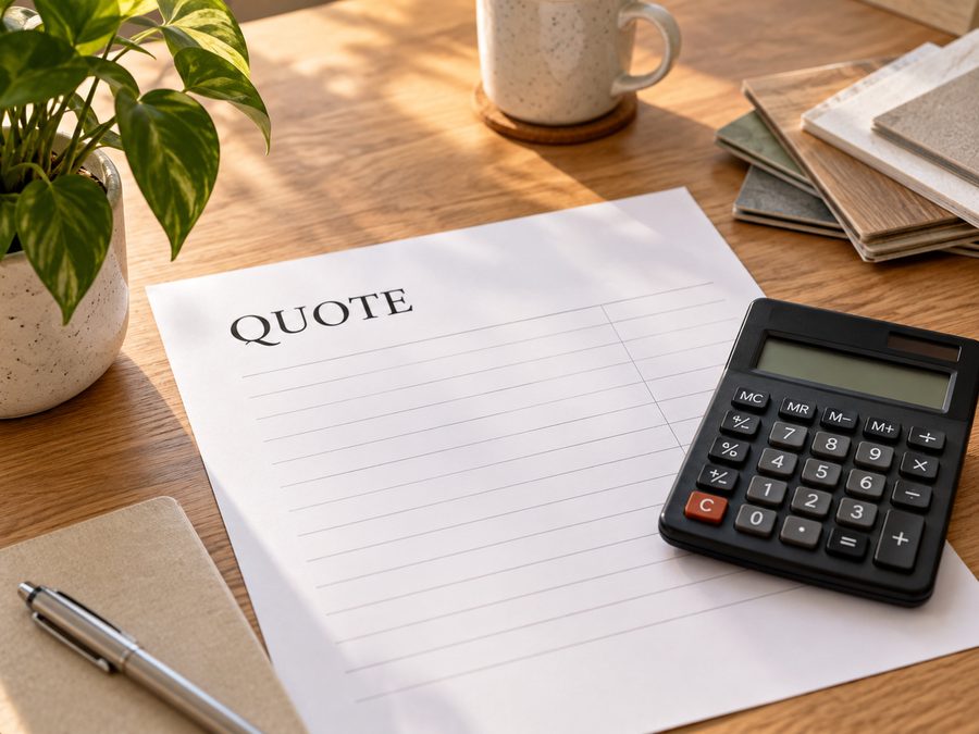 A blank quote sheet beside a calculator and material samples