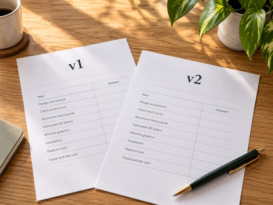 Two quote sheets labelled v1 and v2 side by side