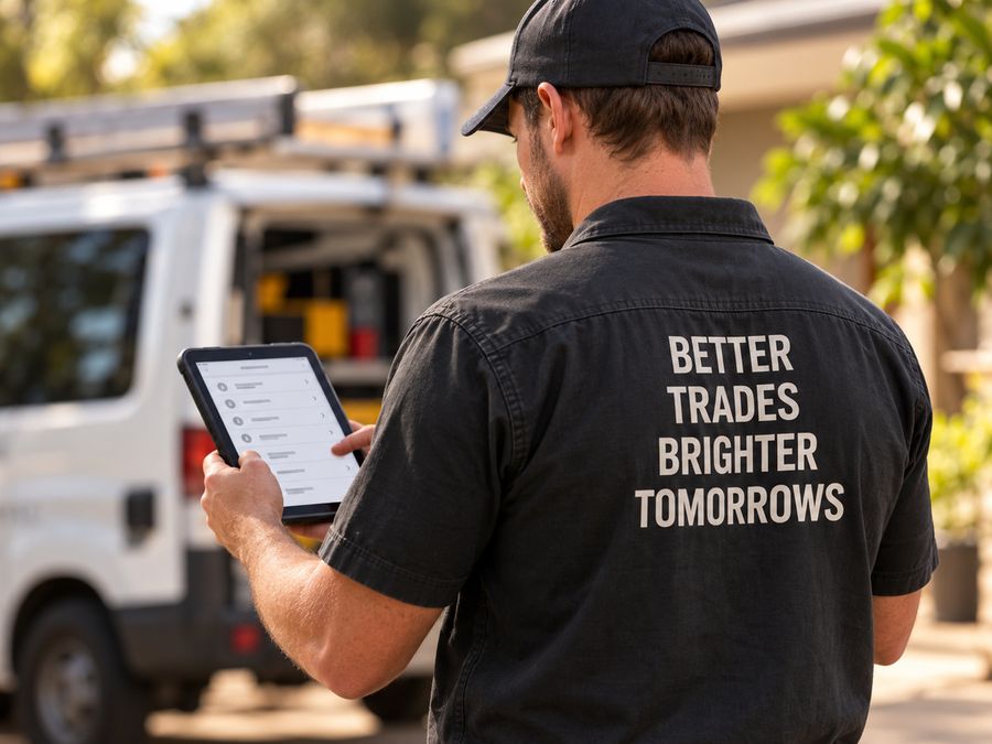 A tradesperson checking a tablet beside a work van