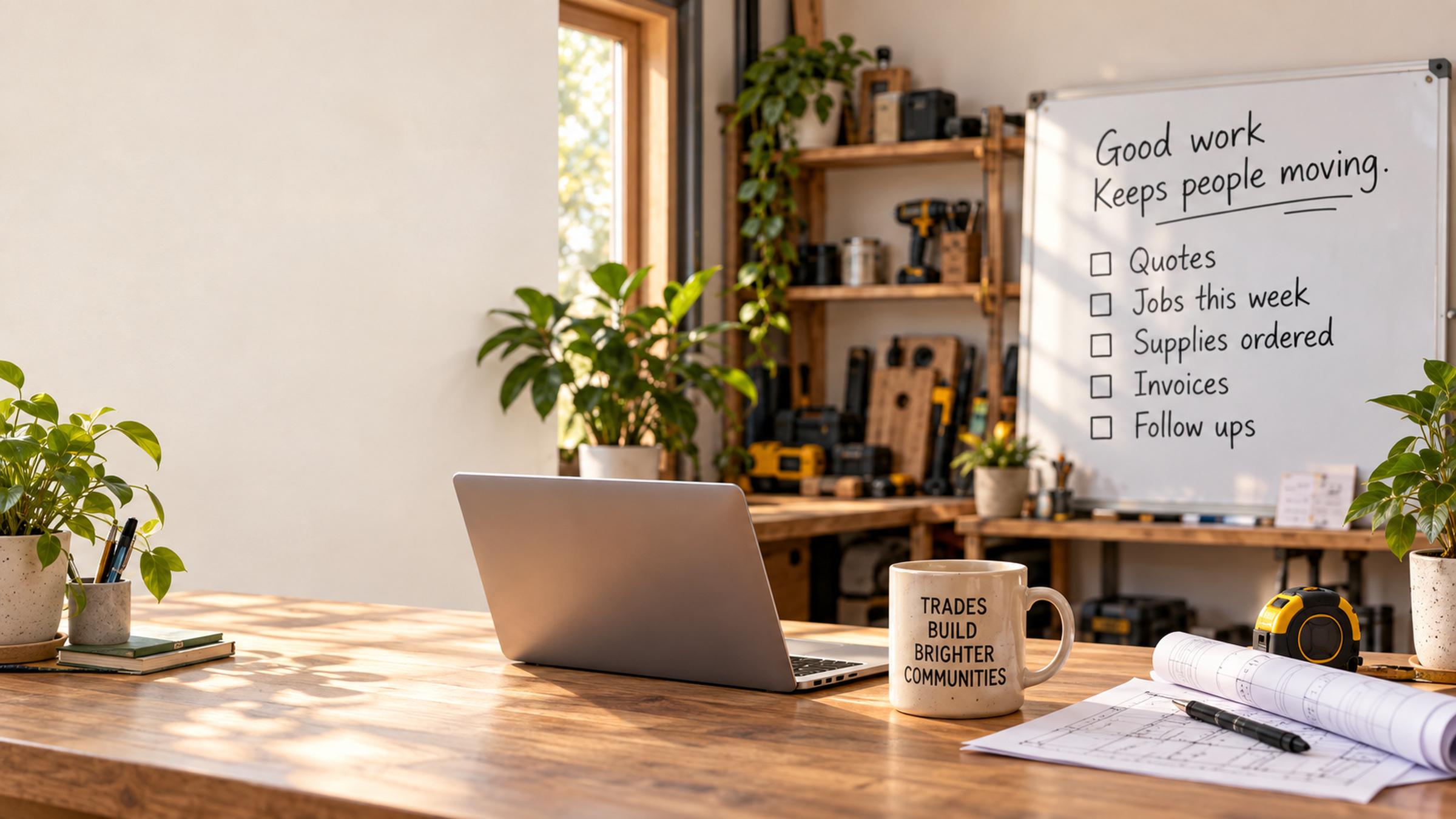 A workshop office desk with a laptop and plans in front of a whiteboard listing quotes, jobs this week, supplies ordered, invoices and follow ups