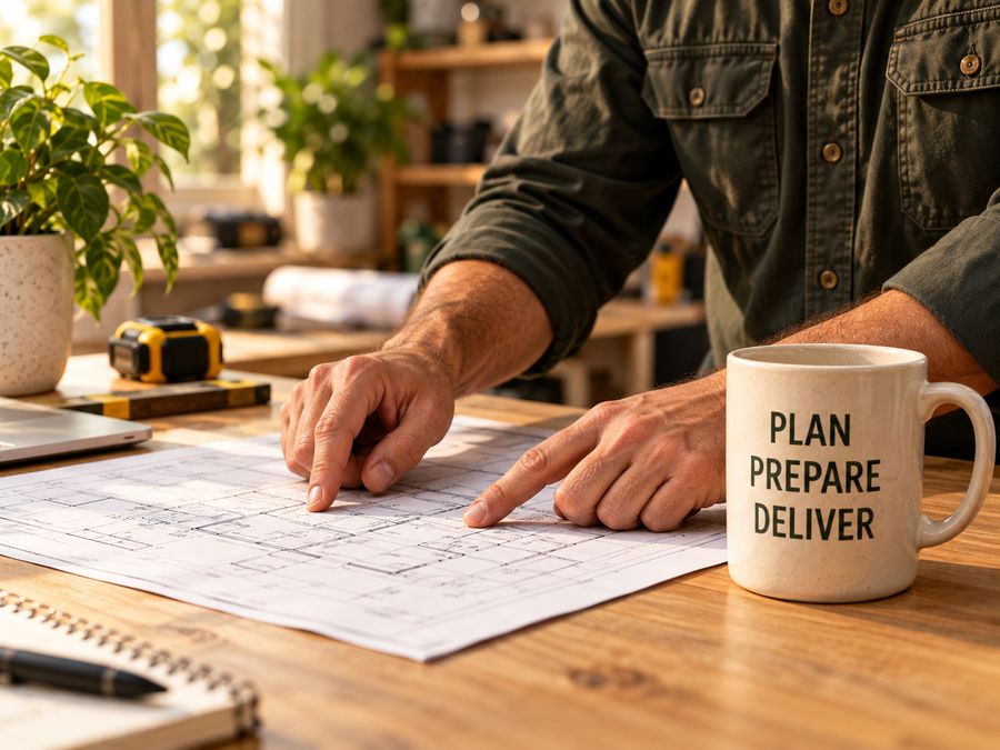 A tradesperson's hands pointing at plans beside a mug reading Plan Prepare Deliver