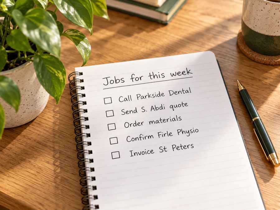 A notebook listing jobs for this week: call Parkside Dental, send S. Abdi quote, order materials, confirm Firle Physio, invoice St Peters