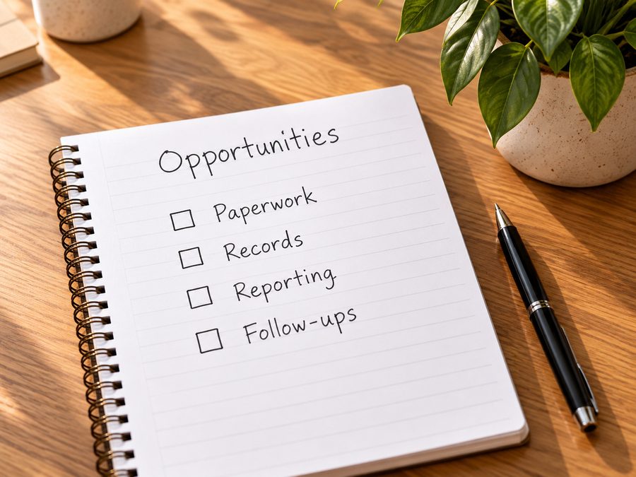 A notebook headed Opportunities listing paperwork, records, reporting and follow-ups