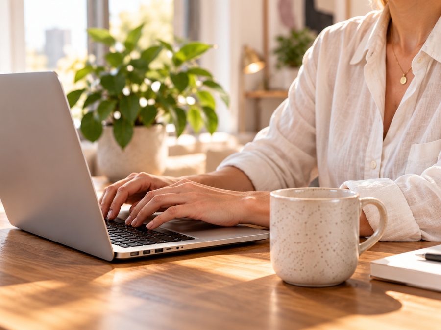 Hands typing on a laptop beside a speckled mug