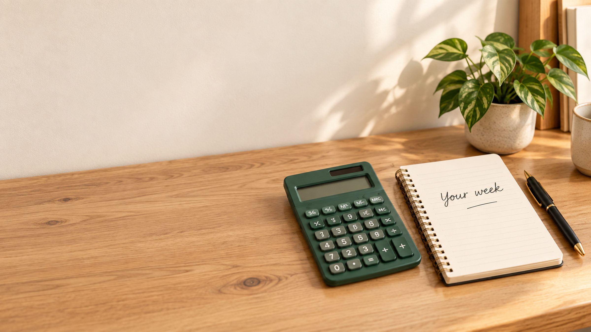 A green calculator beside a notebook reading Your week, with a pen and a plant