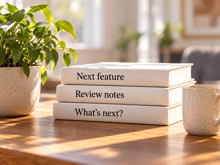 Books labelled Next feature, Review notes and What's next beside a plant