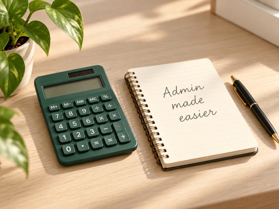 A green calculator beside a notebook reading Admin made easier