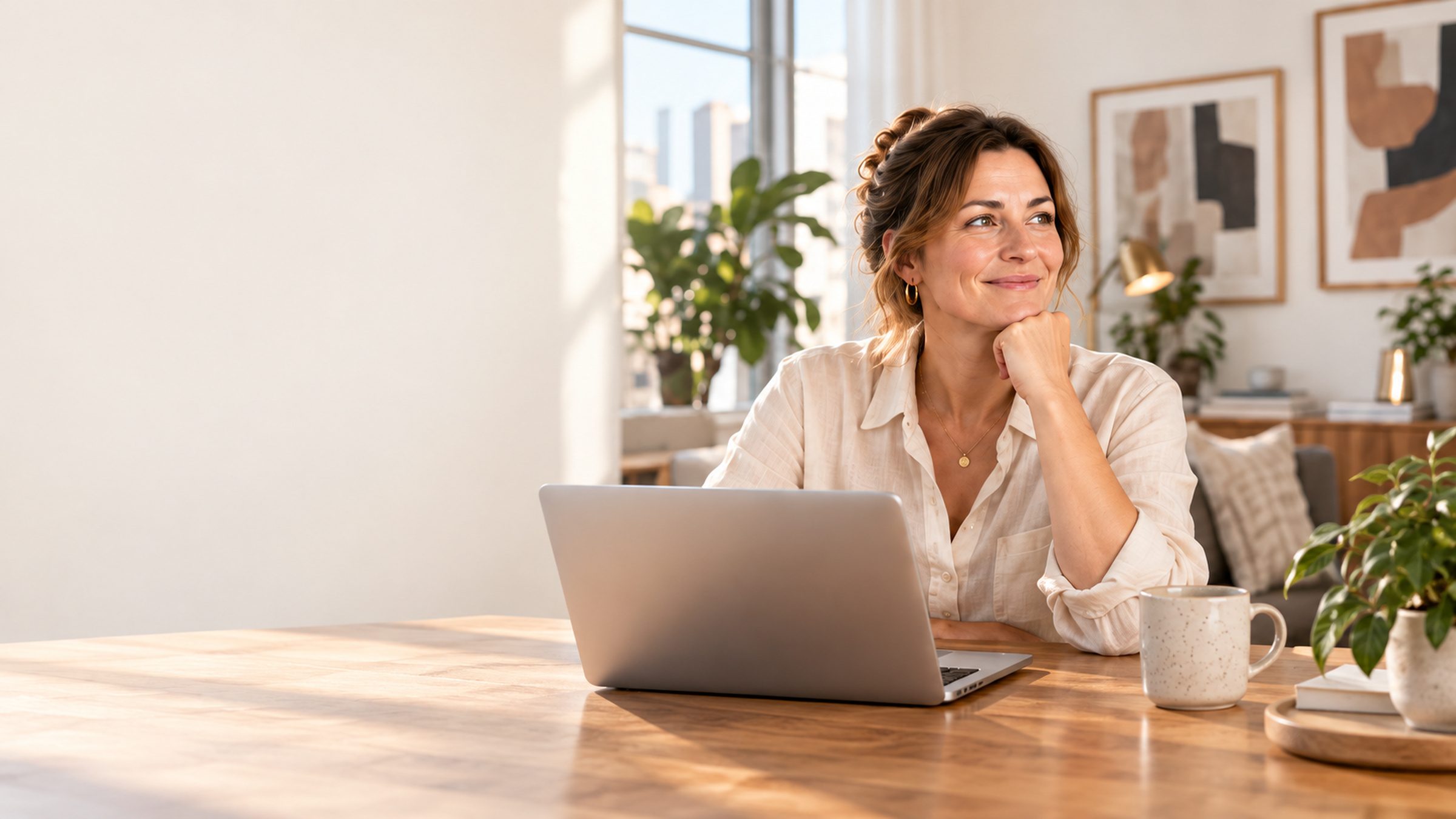A woman smiling at a laptop in a bright home office, chin resting on her hand