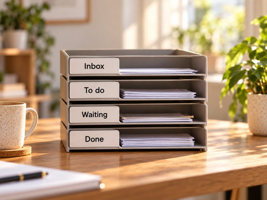Paper trays labelled Inbox, To do, Waiting and Done