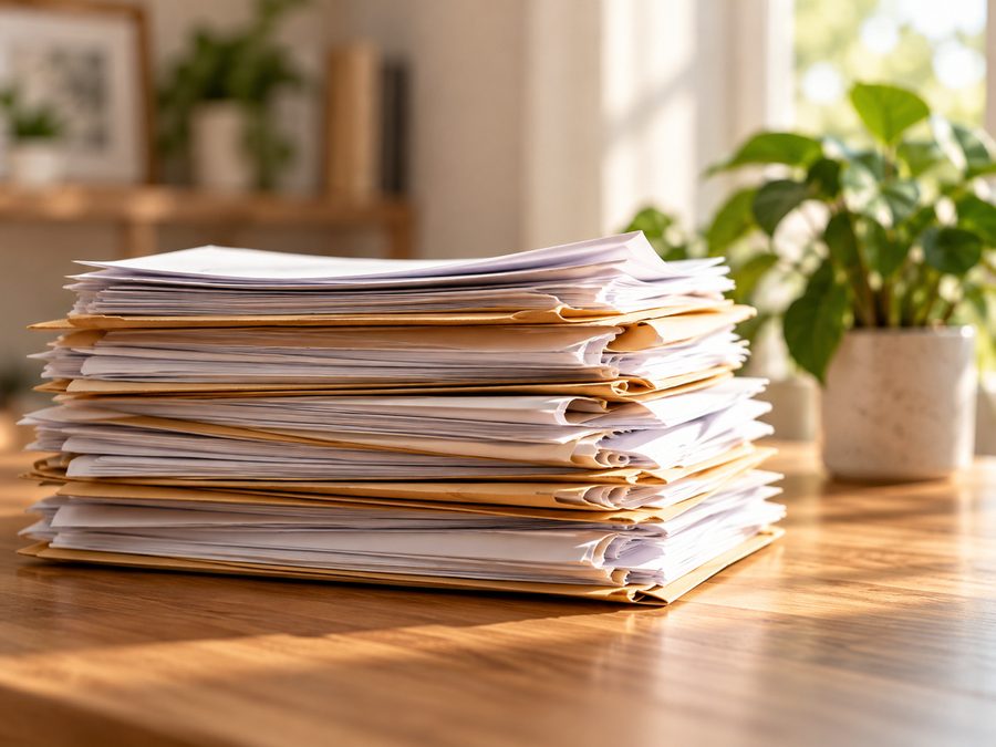 A stack of papers and manila folders on a desk