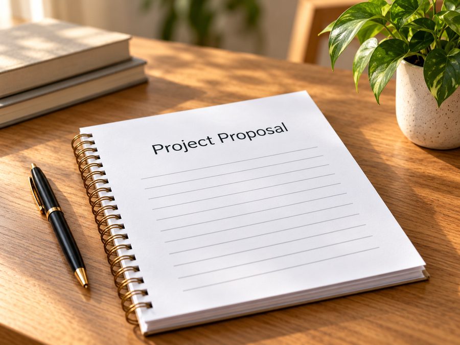 A notebook headed Project Proposal with a pen