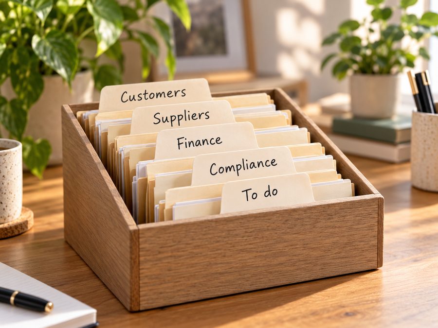 A wooden organiser with tabs for customers, suppliers, finance, compliance and to do