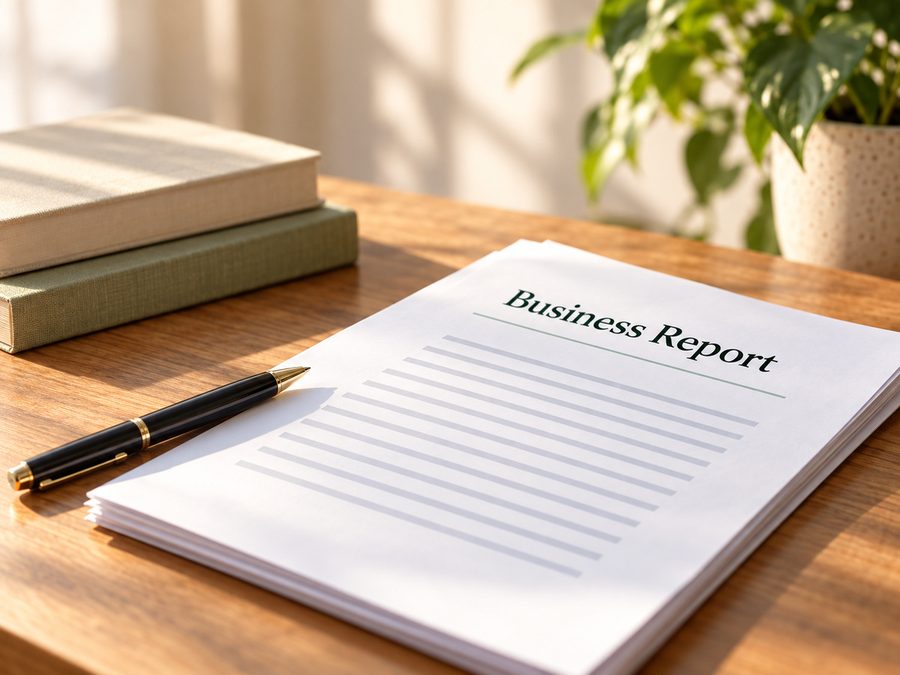 A document headed Business Report beside a pen and books