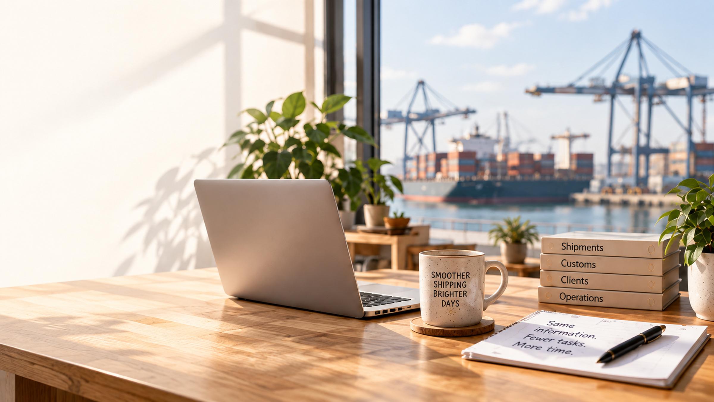 Desk with a laptop, folders and a notebook, in front of a window looking out on port cranes and a container ship